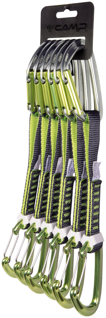 CAMP Orbit Mixed Express KS 6 Pack close-up shows lightweight aluminum quickdraws for sport climbing