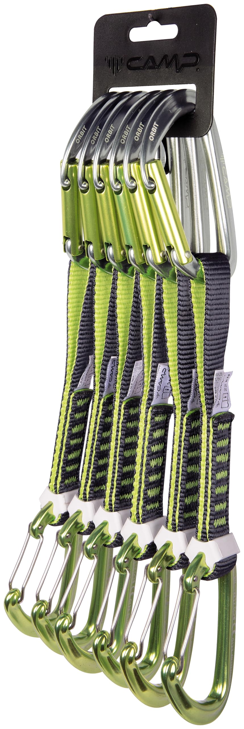 CAMP Orbit Mixed Express KS 6 Pack close-up shows lightweight aluminum quickdraws for sport climbing