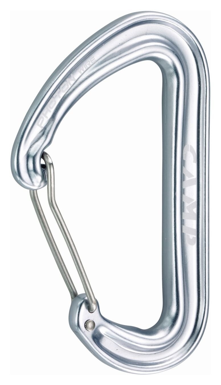 CAMP Photon Wire aluminum wiregate carabiner close-up, highlighting lightweight design for alpine climbing.