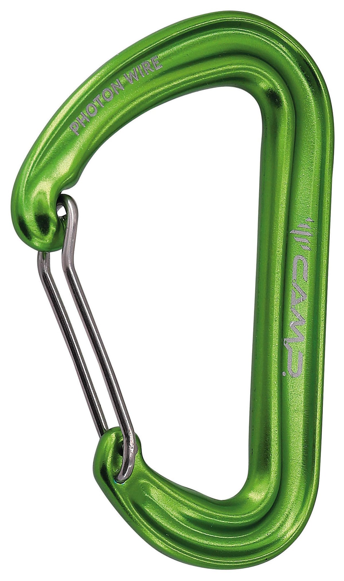CAMP Photon Wire carabiner in green, close-up view highlighting lightweight, clip-ready design for racking