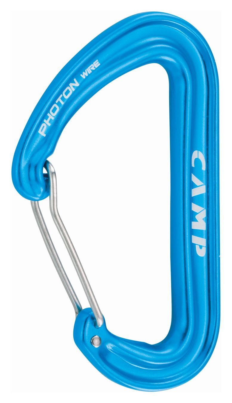 Camp Photon Wire carabiner in blue; lightweight, full-size clip for alpine routes.