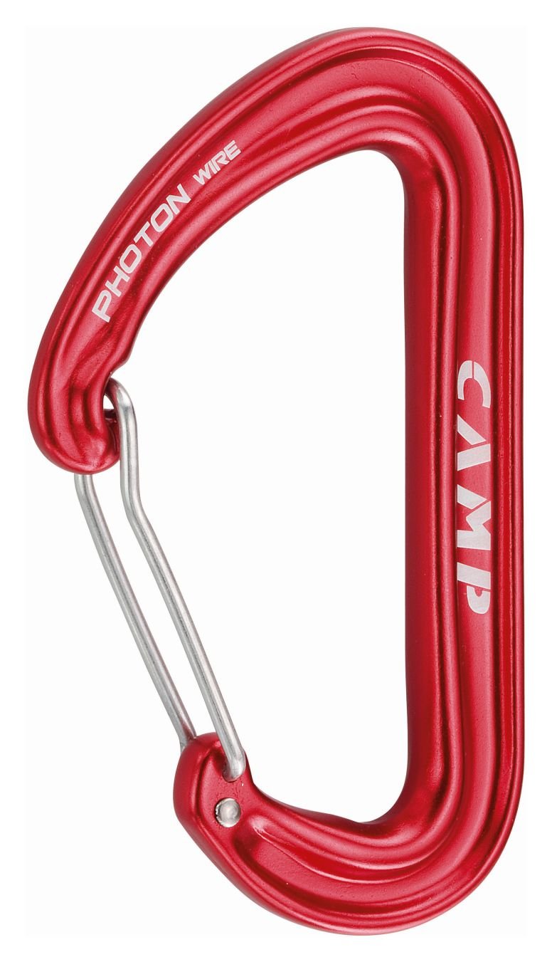 CAMP Photon Wire red carabiner enables fast clipping and organized cam racking in trad climbs.
