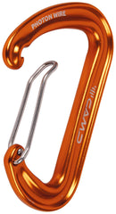 CAMP Photon Wire gate opening shows 28 mm clearance, glove-friendly clipping on rock or ice.