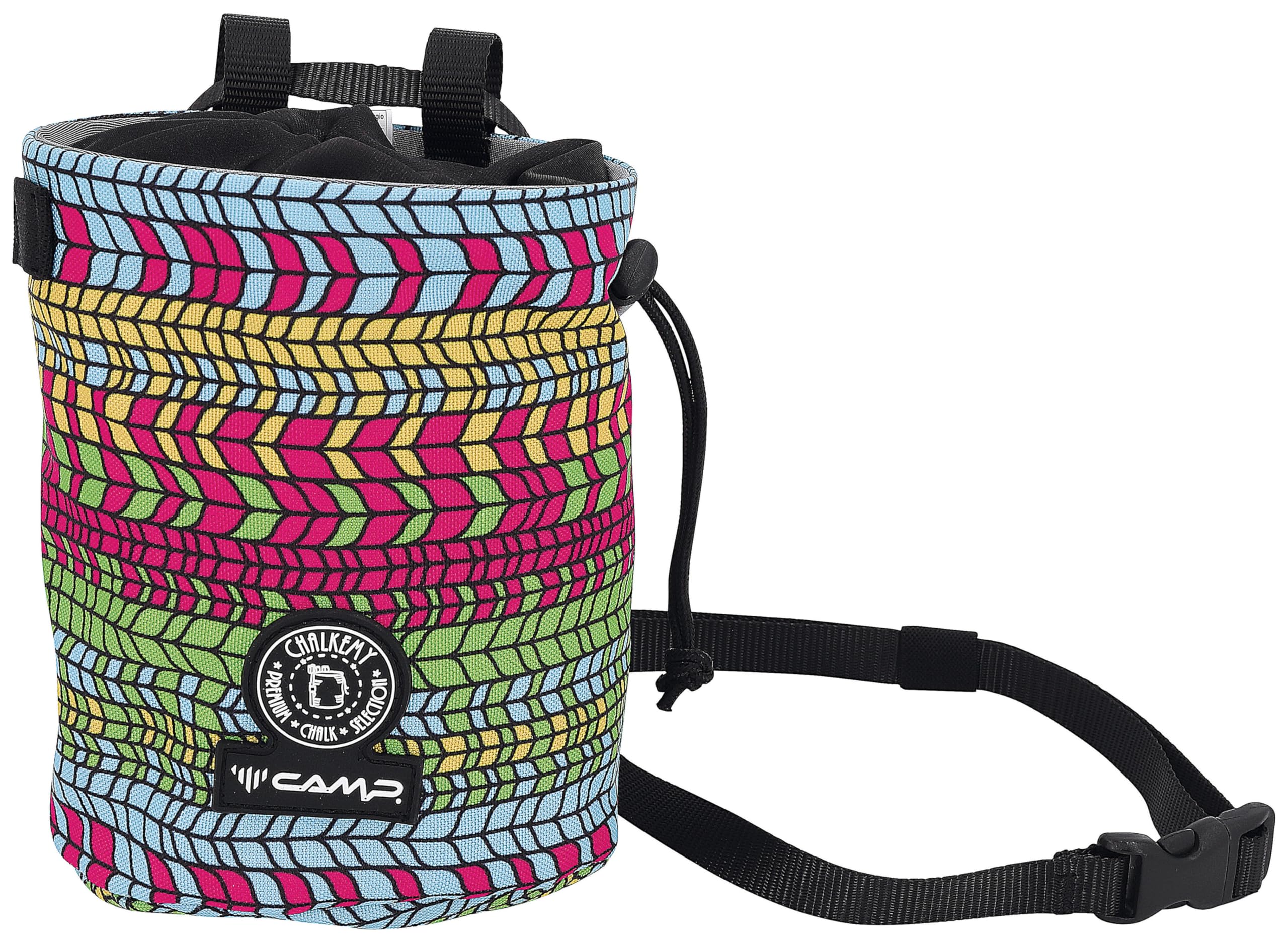 CAMP Polimago chalk bag in psychedelic design, upright stand keeps chalk neat