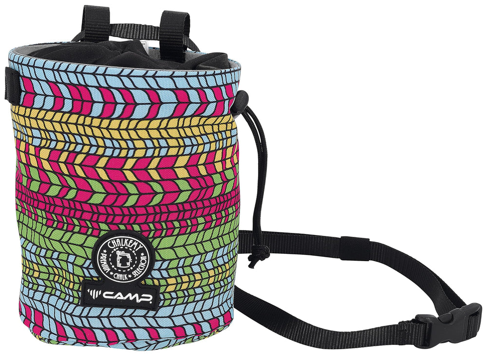 CAMP Polimago chalk bag in psychedelic design, upright stand keeps chalk neat