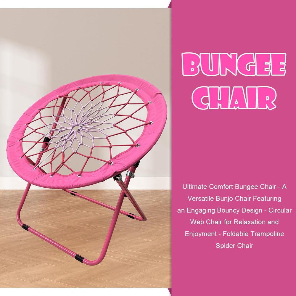 CAMP SOLUTIONS bungee chair pink 32-inch seat in use.
