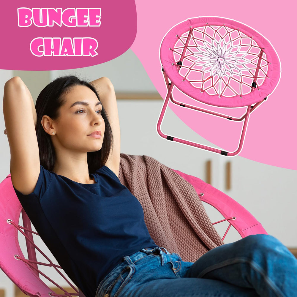 CAMP SOLUTIONS bungee chair pink back view shows sturdy frame.