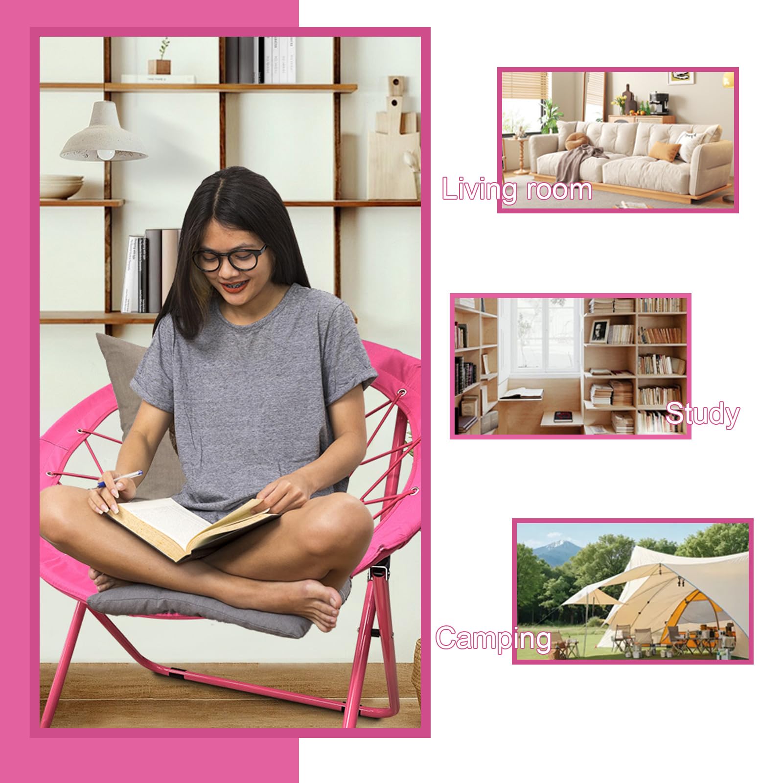 CAMP SOLUTIONS bungee chair pink portable seating for camping or BBQ.