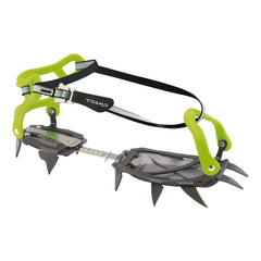 CAMP Stalker universal crampons front view on boots, showcasing secure fit and rigidity