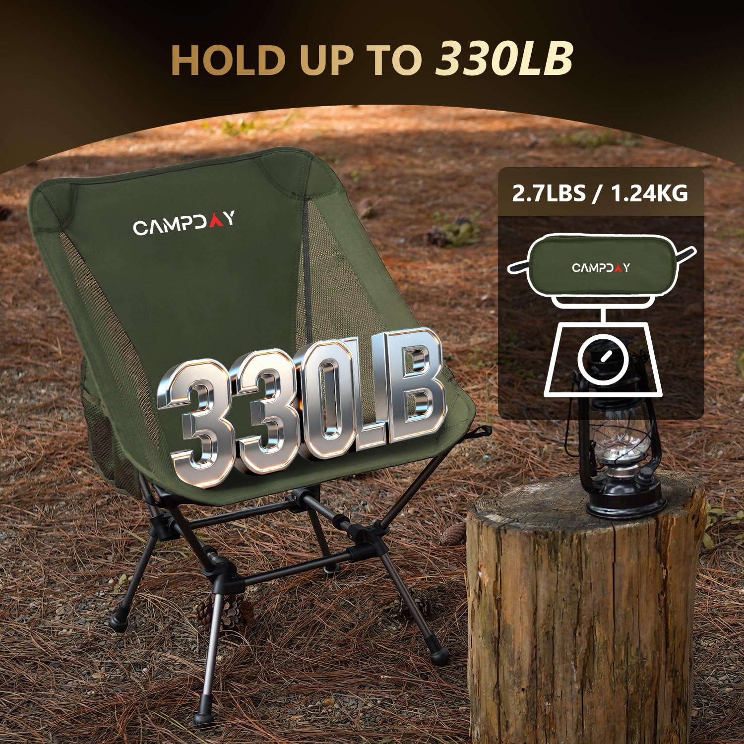 Campday camping chair supports up to 330 lb for versatile user use.