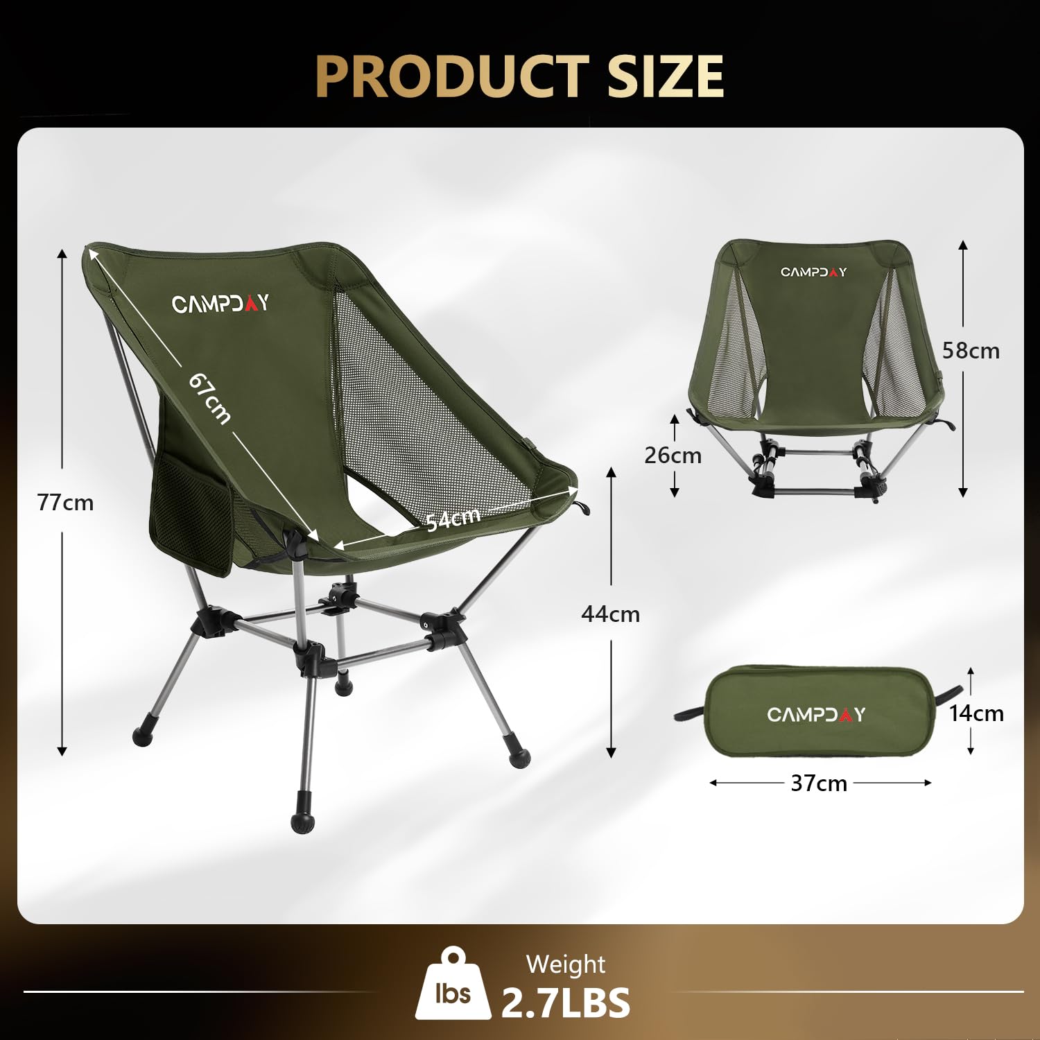 Campday camping chair features 600D Oxford waterproof fabric with breathable mesh for comfort.