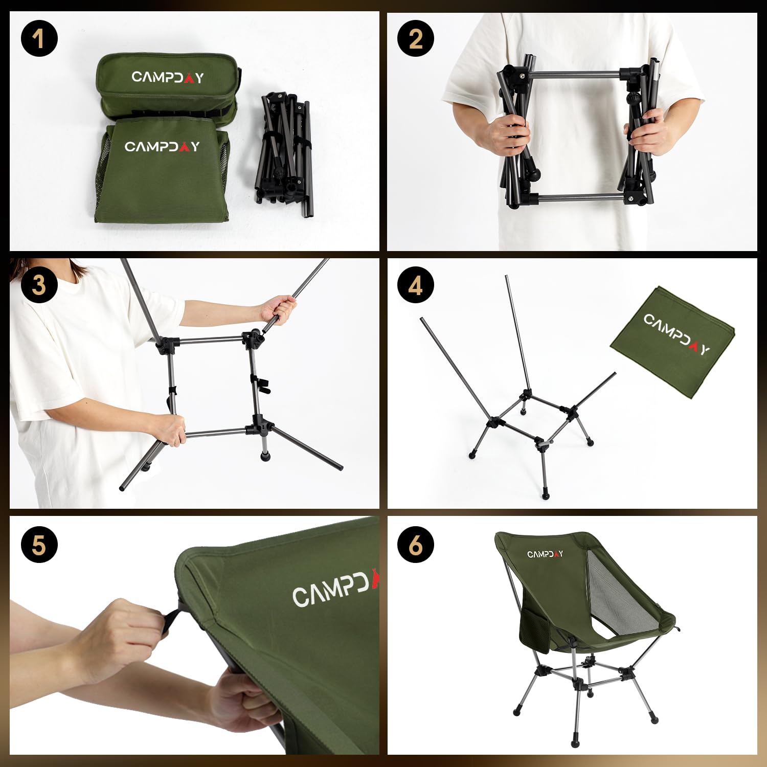 Campday camping chair highlights ergonomic wide seat for extended comfort outdoors.