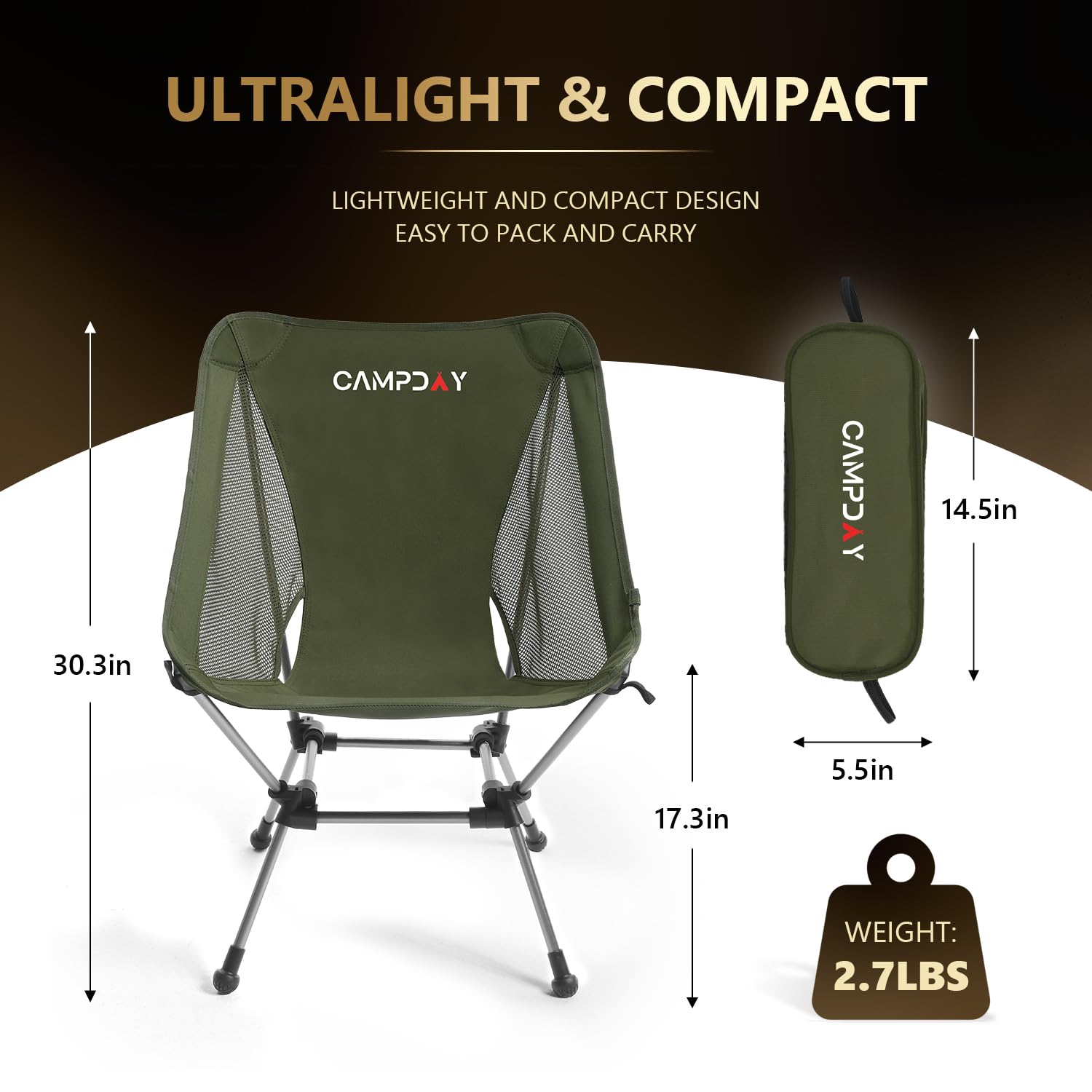 Campday camping chair demonstrates quick drawstring attachment for fast setup outdoors.