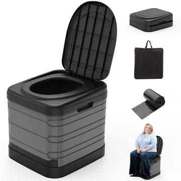 Camperperfect XXL portable toilet shows stable 16.7-inch height for secure campsite seating.