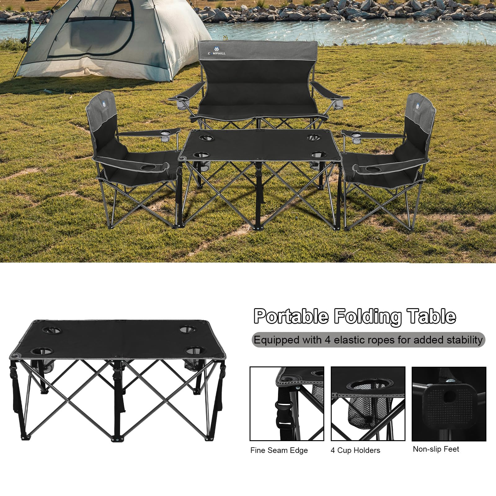 CAMPHILL durable frame detail highlights powder-coated steel strength.