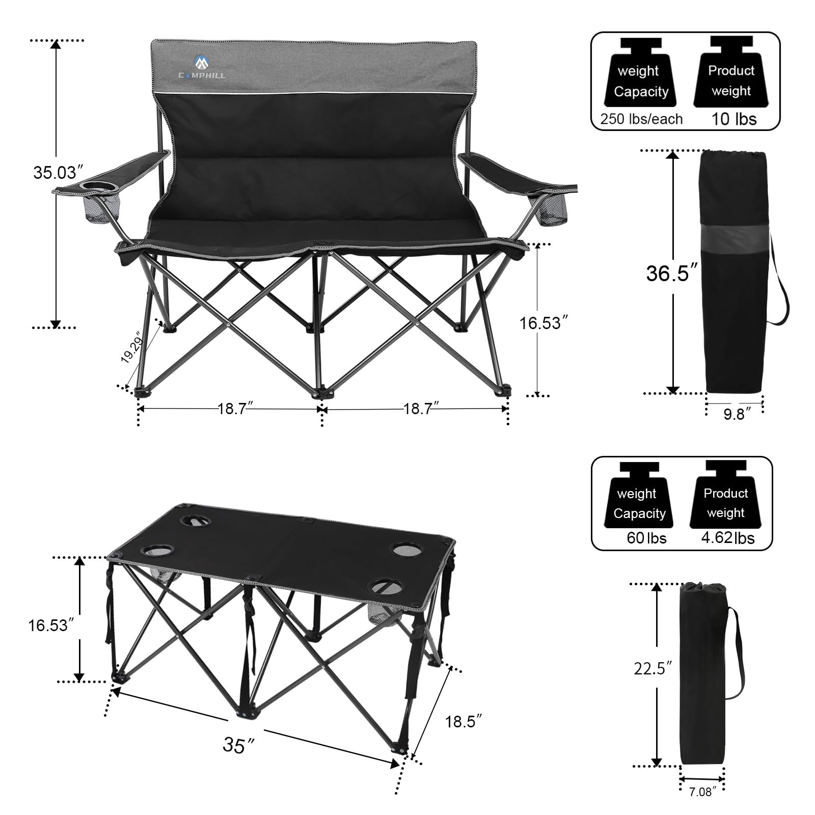 CAMPHILL table with cupholders demonstrates organized outdoor dining and beverage accessibility.