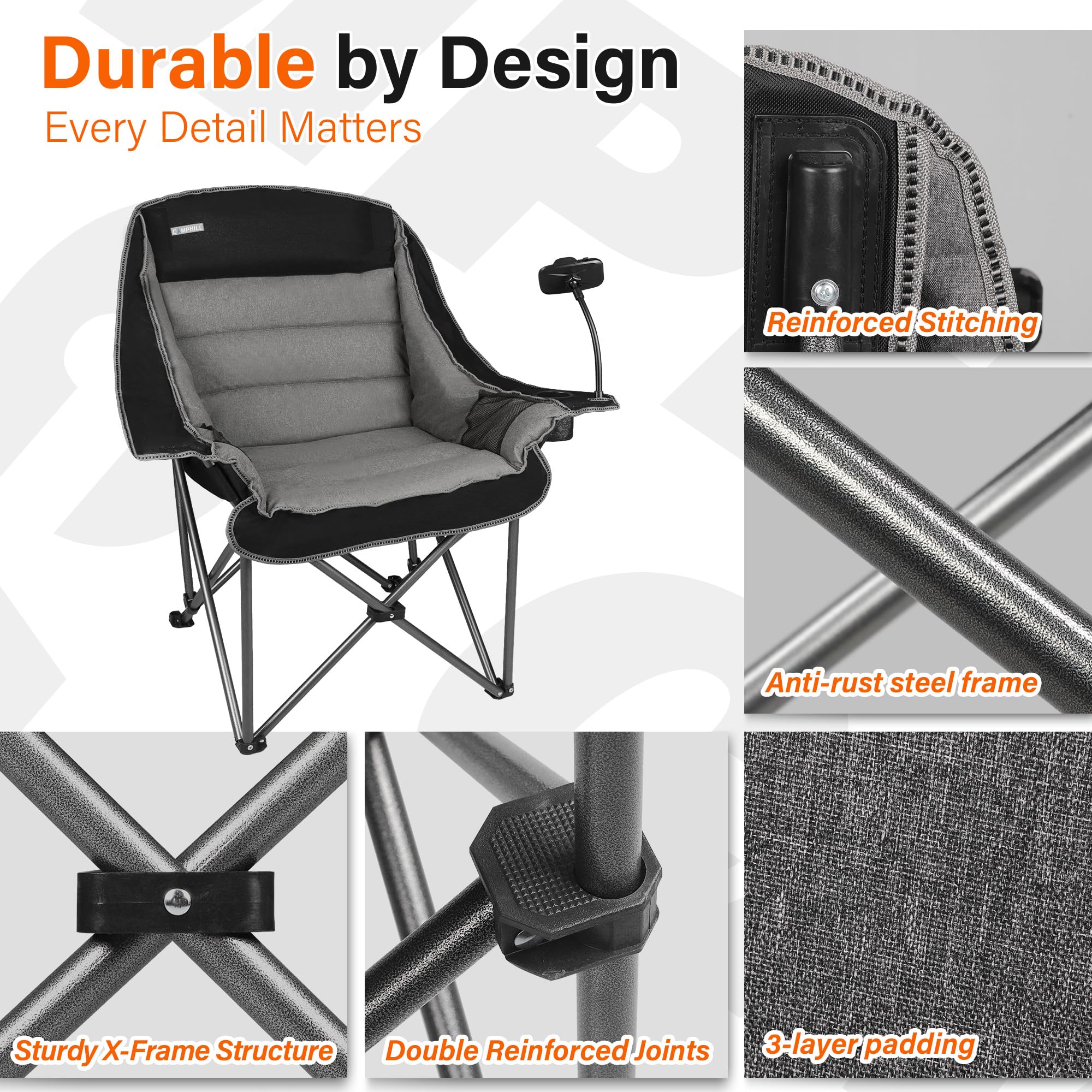 Camphill camping chair side pocket stores small essentials during fishing and picnics.