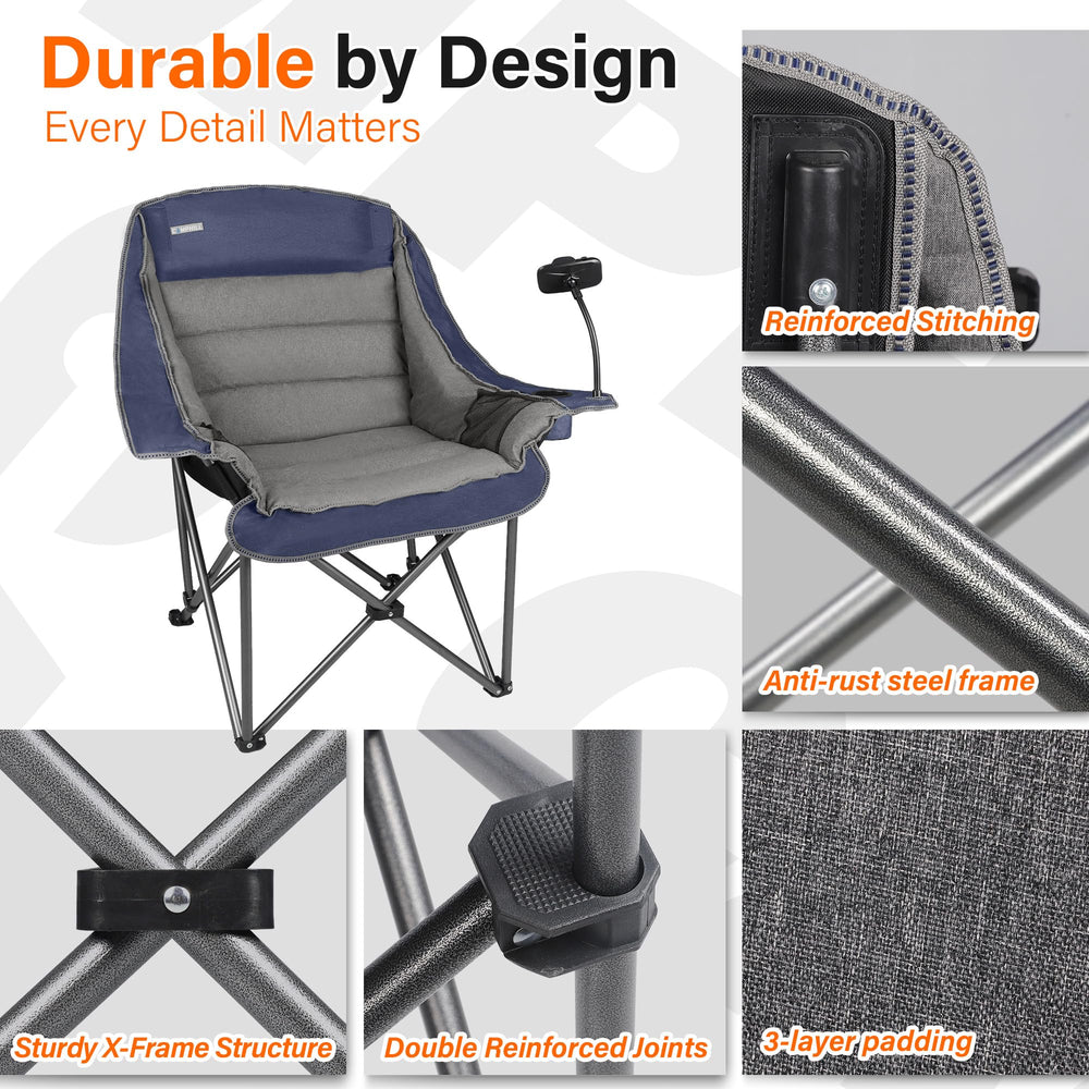 CAMPHILL XL phone-holder chair—hands-free device access during downtime.