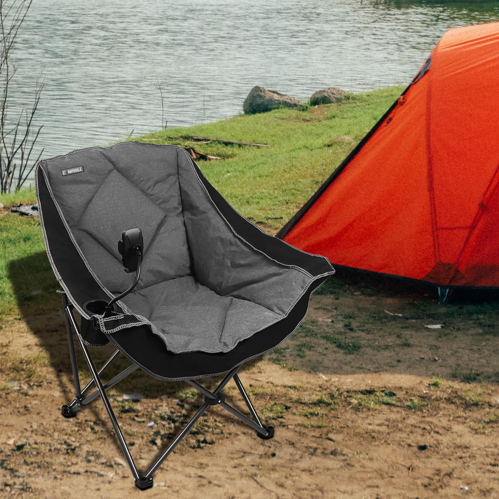 Camphill folding camping chair durable-frame underscores steel construction and 300 lb capacity for sturdy seating.