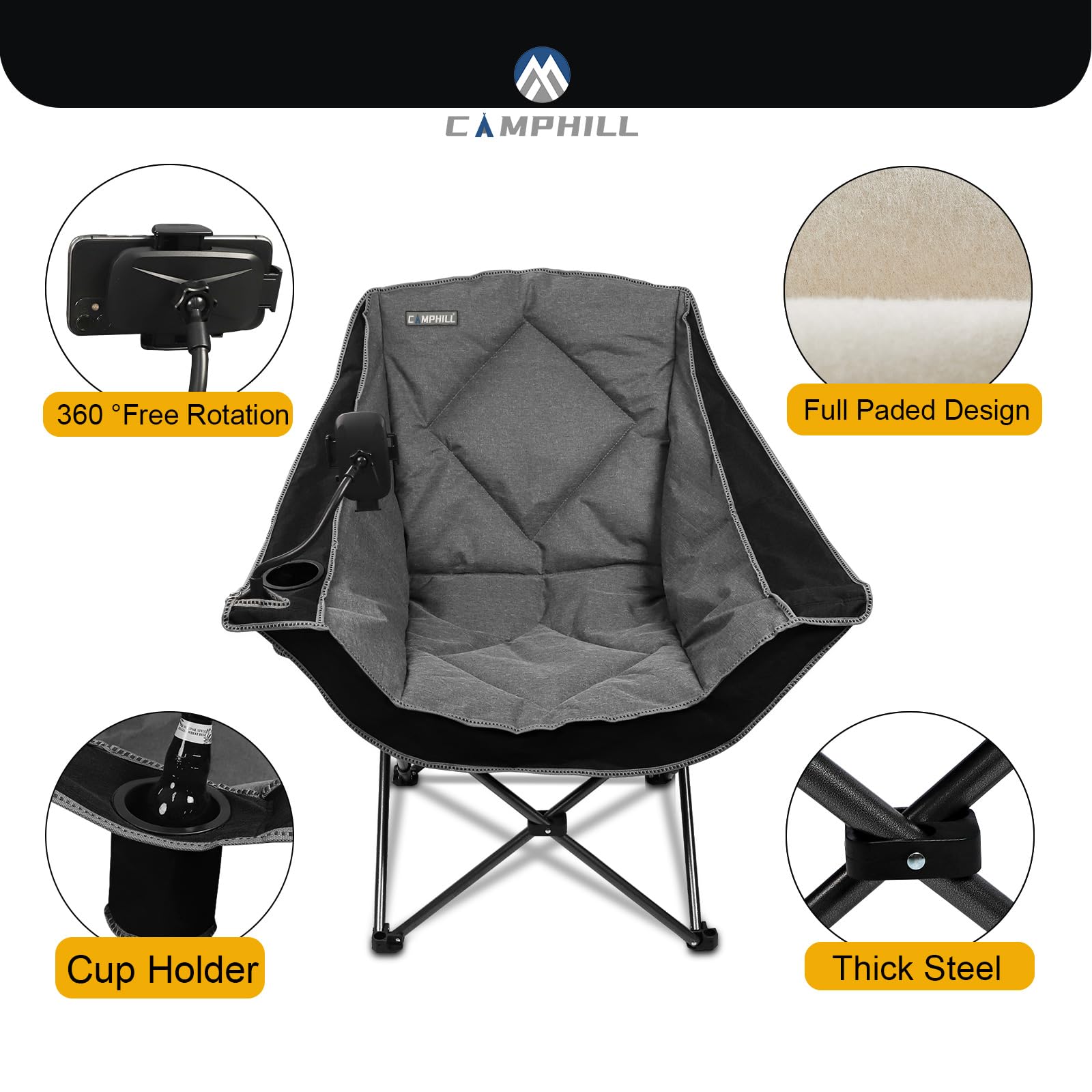 Camphill folding camping chair phone holder close-up reveals hands-free device use while relaxing.