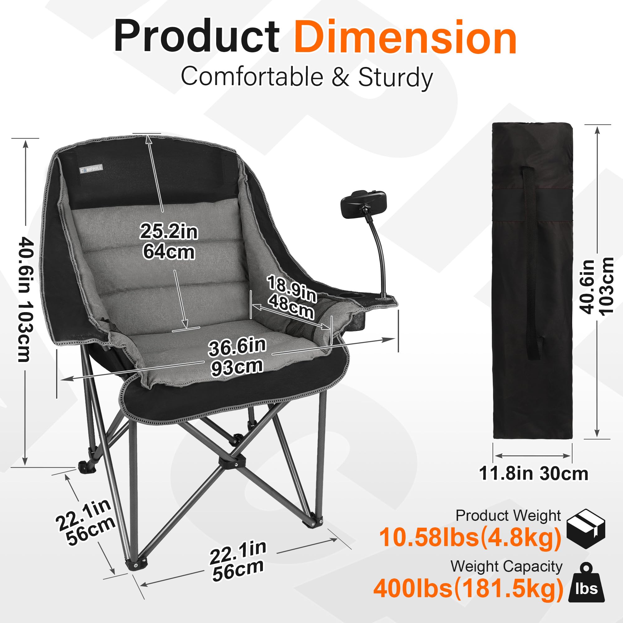 Camphill oversized XL camping chair backrest provides padded support for long days outdoors.