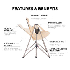 Camphor Designs chair with adjustable headrest and armrests for supported lounging.