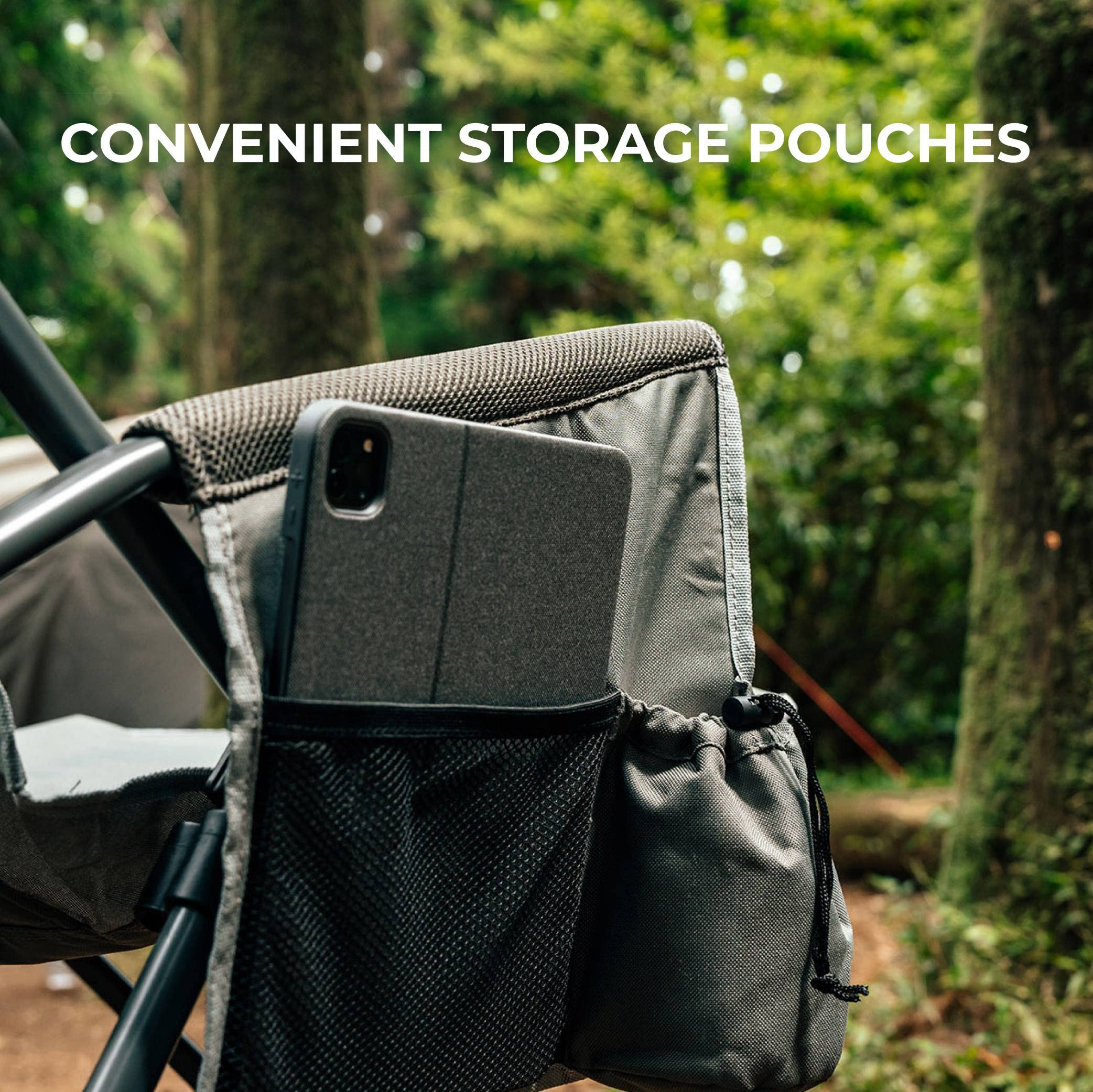 Camphor Designs heavy-duty chair built-in cooler keeps drinks refreshing.