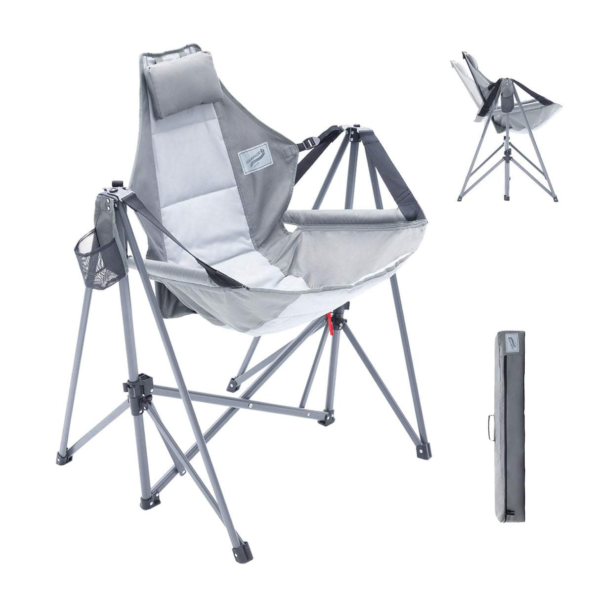 Camphor Designs portable swing hammock chair grey front view for outdoor lounging.