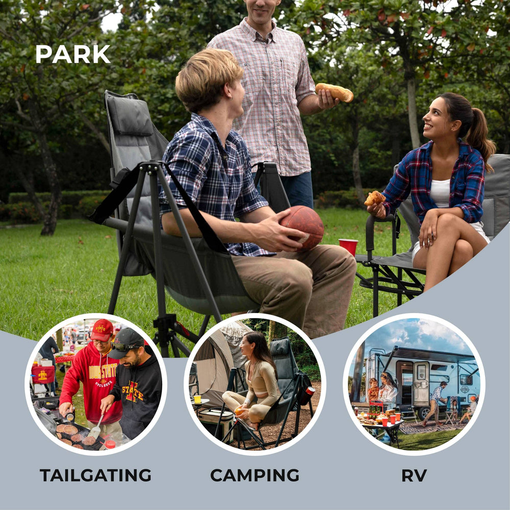 Camphor Designs grey chair at water's edge for relaxing fishing trips.