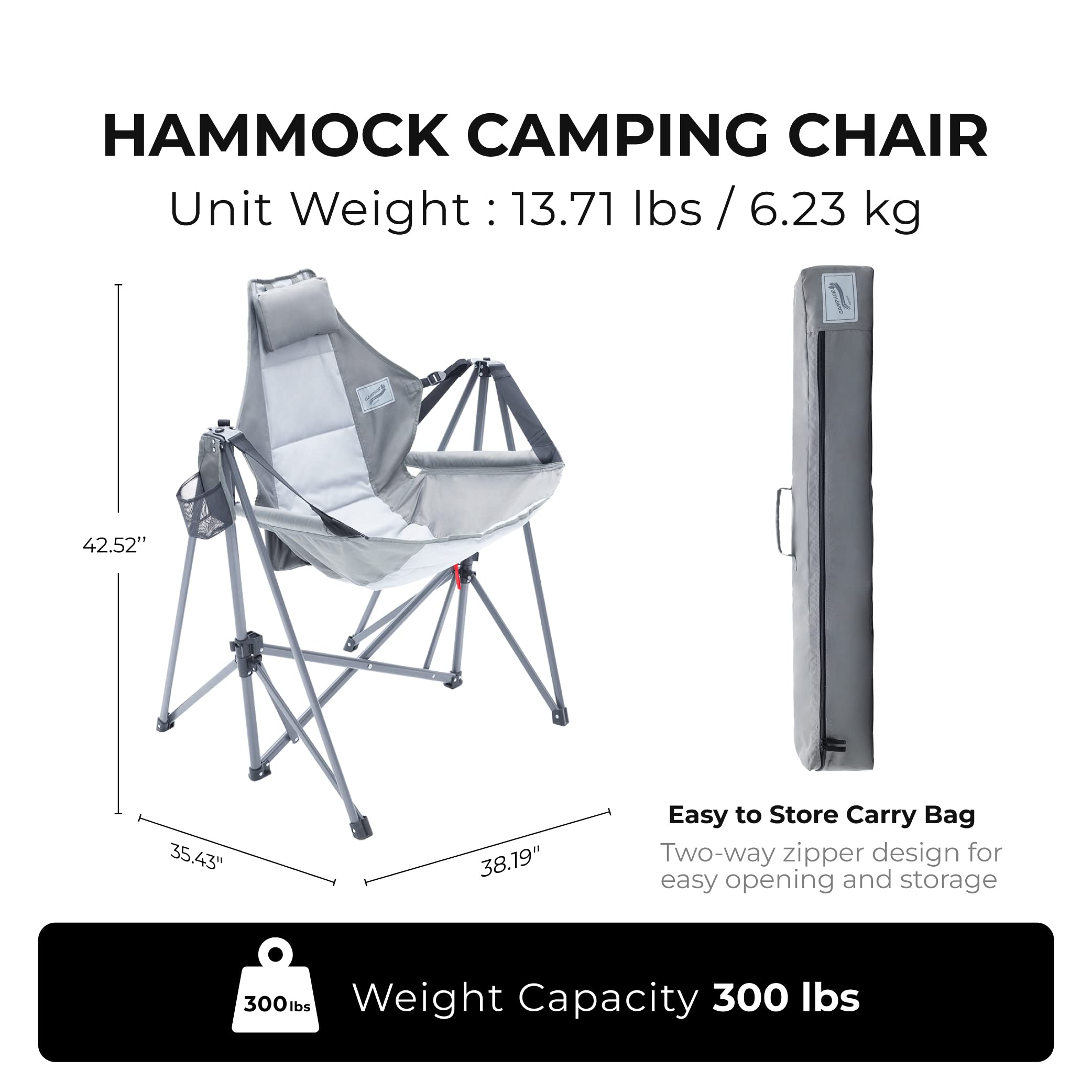 Camphor Designs hammock chair grey side recline shows relaxing rocking motion outdoors.