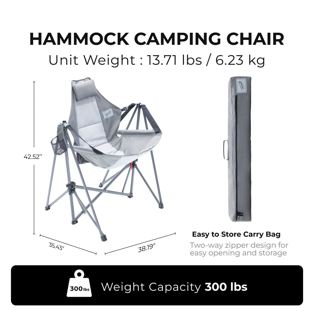 Camphor Designs hammock chair grey side recline shows relaxing rocking motion outdoors.