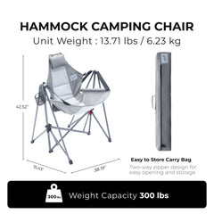 Camphor Designs hammock chair grey side recline shows relaxing rocking motion outdoors.