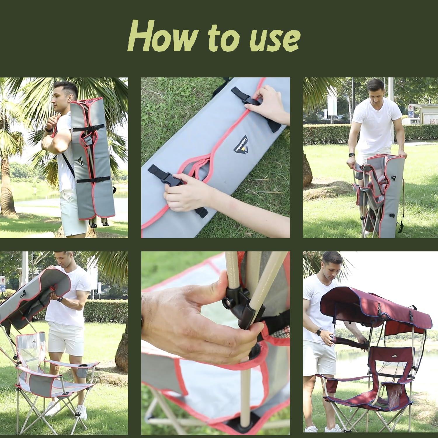 Camping Brothers beach chair with canopy maroon on a beach scene with shade