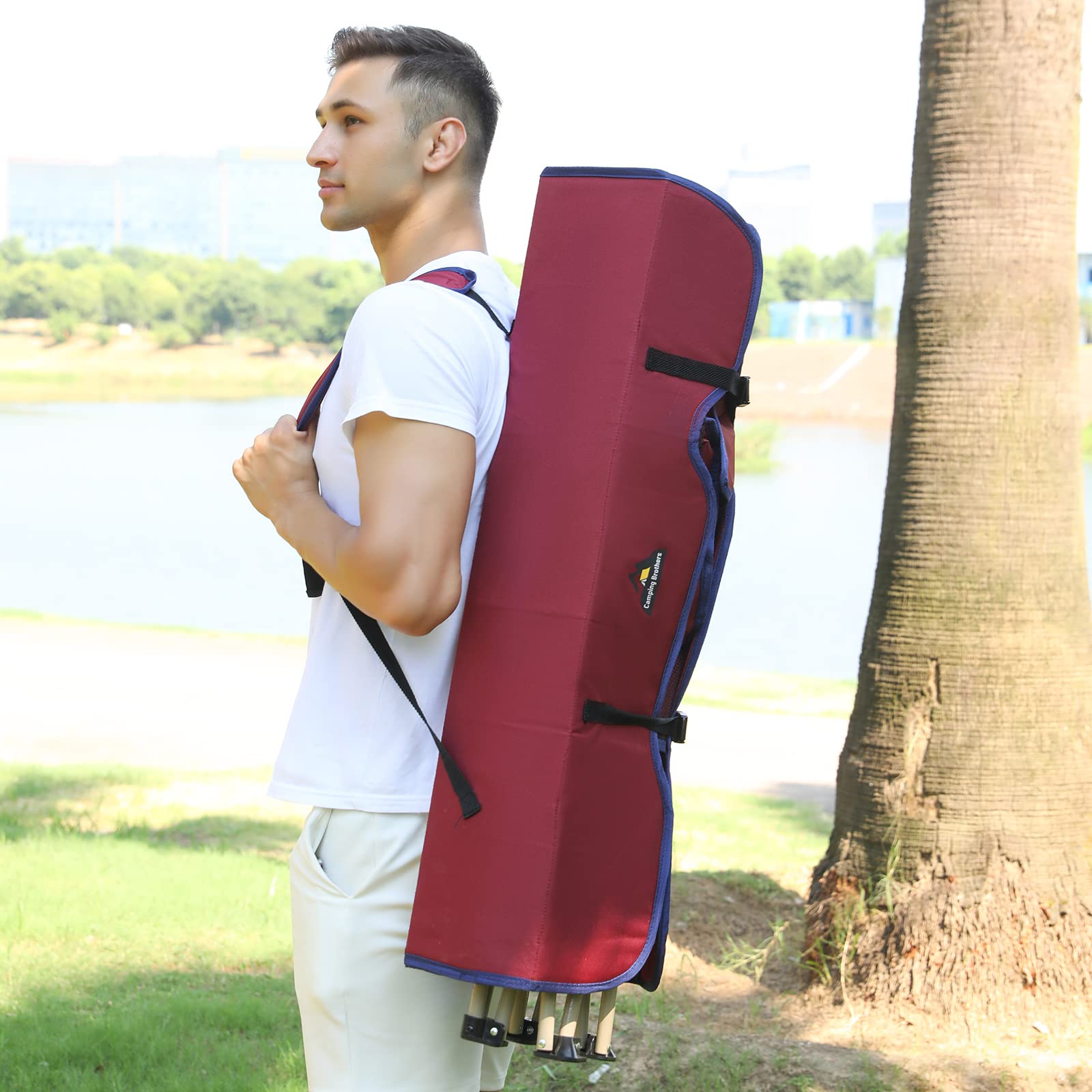 Camping Brothers beach chair with canopy maroon carry bag included