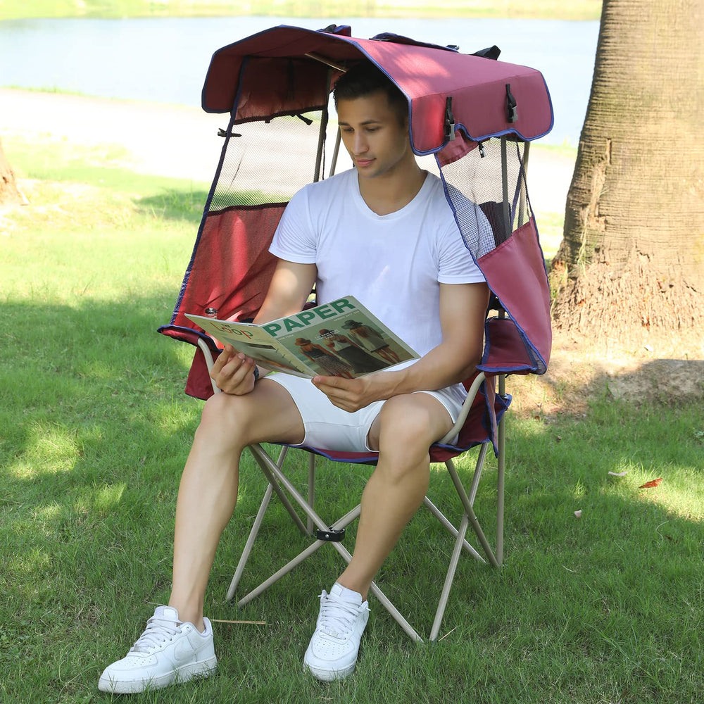 Camping Brothers beach chair with canopy maroon front view shows shaded seating for sunny days