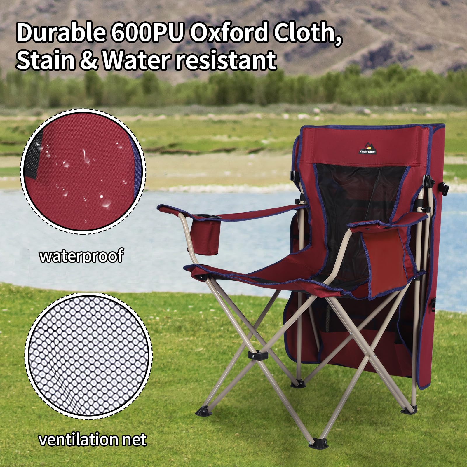 Camping Brothers beach chair with canopy maroon lawn setup under shade