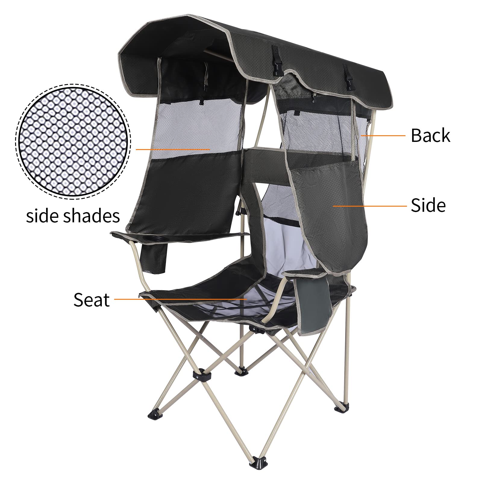 Camping Brothers camping chair with canopy army green adjustable shade for sun protection.