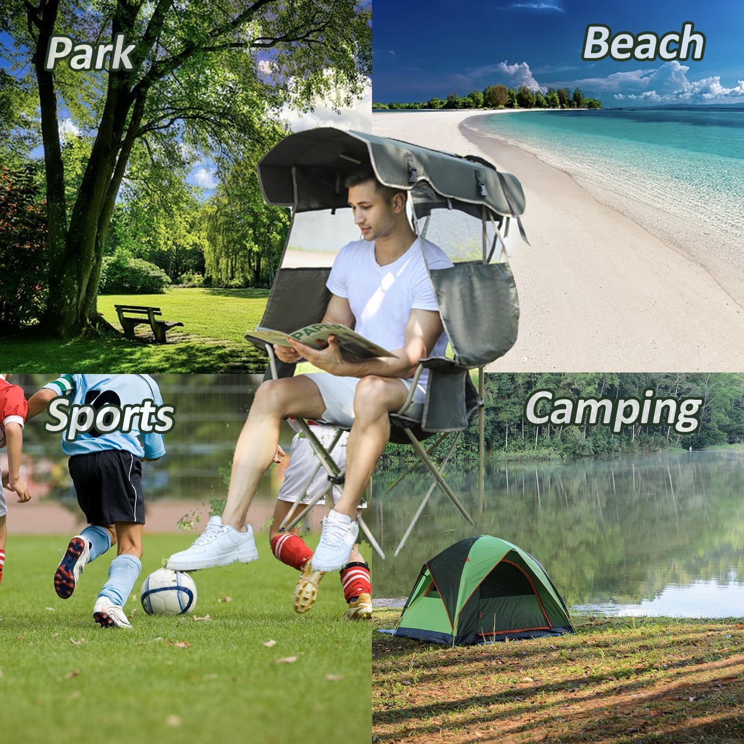 Camping Brothers camping chair with canopy army green beach-ready for picnics.