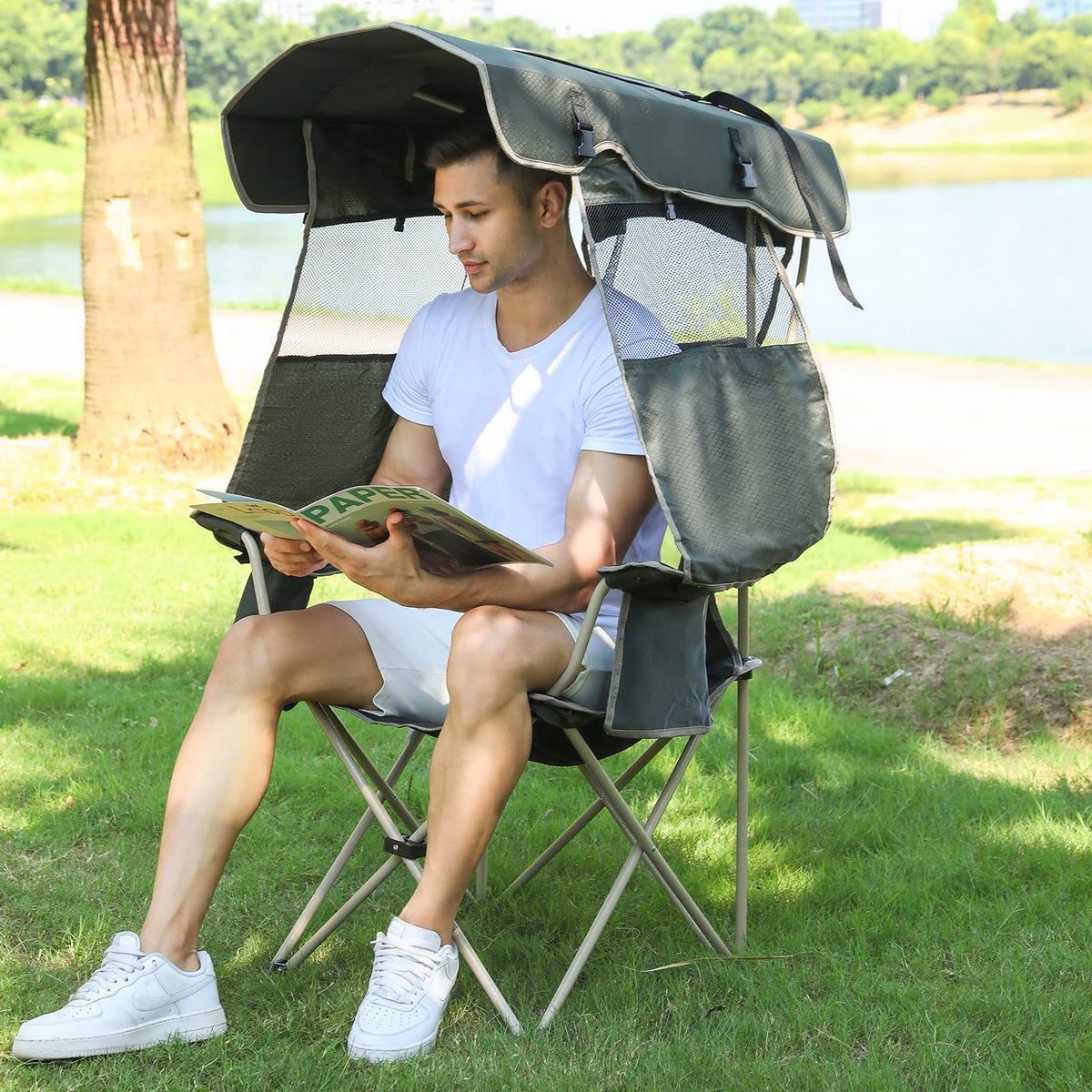 Camping Brothers camping chair with canopy army green folded for compact portability.