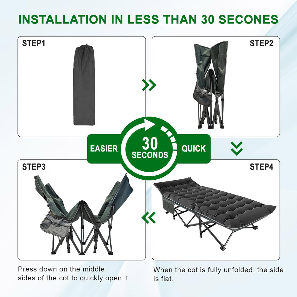 Camping Cot Extra Wide anti rust steel frame and 1200D Oxford cloth durability.