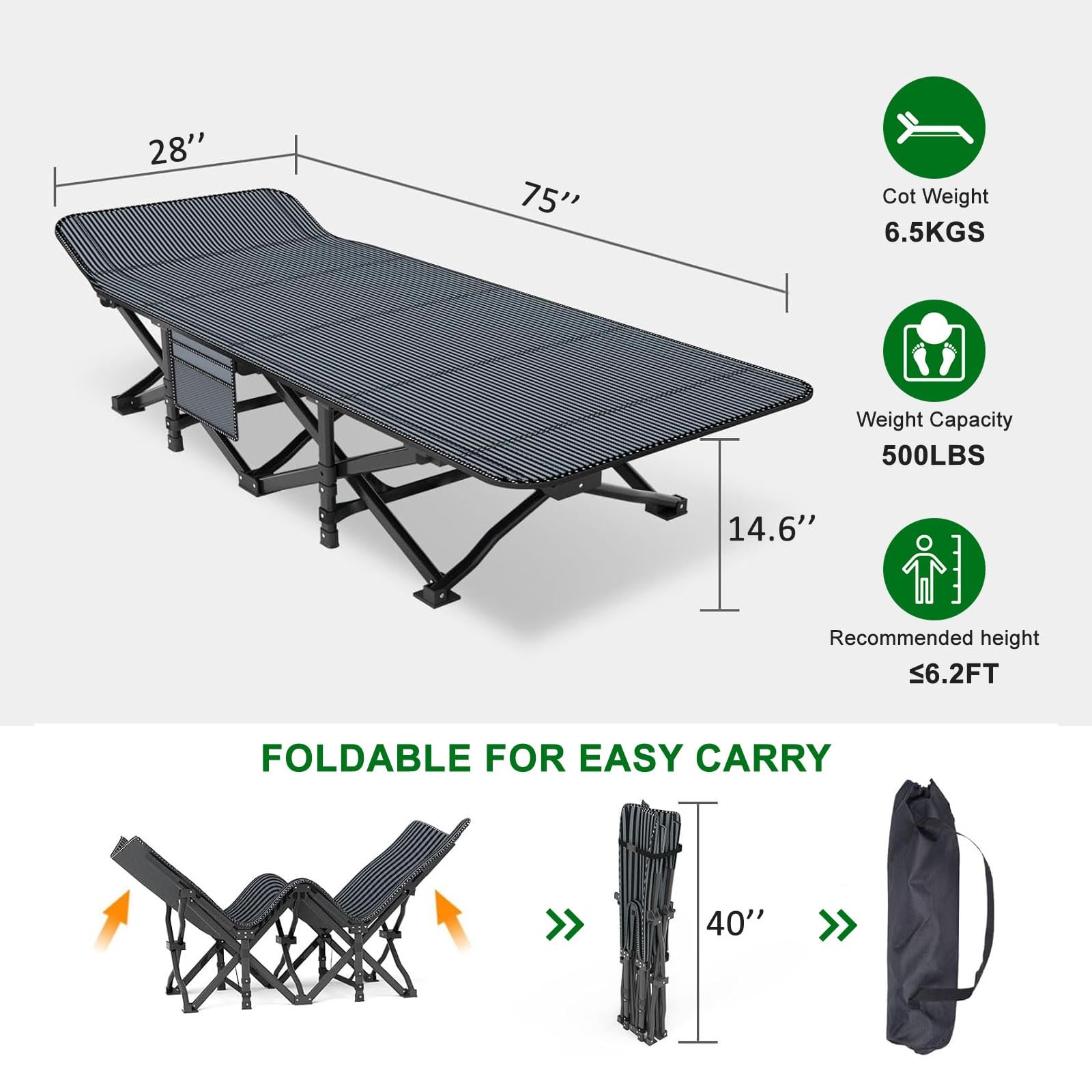 Camping Cot Extra Wide folded 41.3x9.8 with carrying bag for travel.
