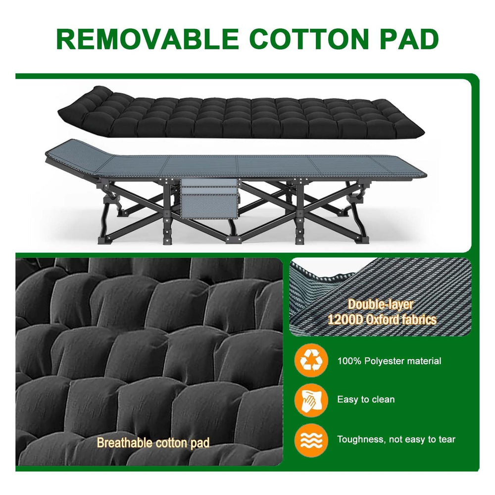 Camping Cot Extra Wide removable mattress offers soft, warm sleep.