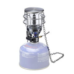 Camping Moon camping gas lantern T-4 assembled with warm glow for campsite lighting.