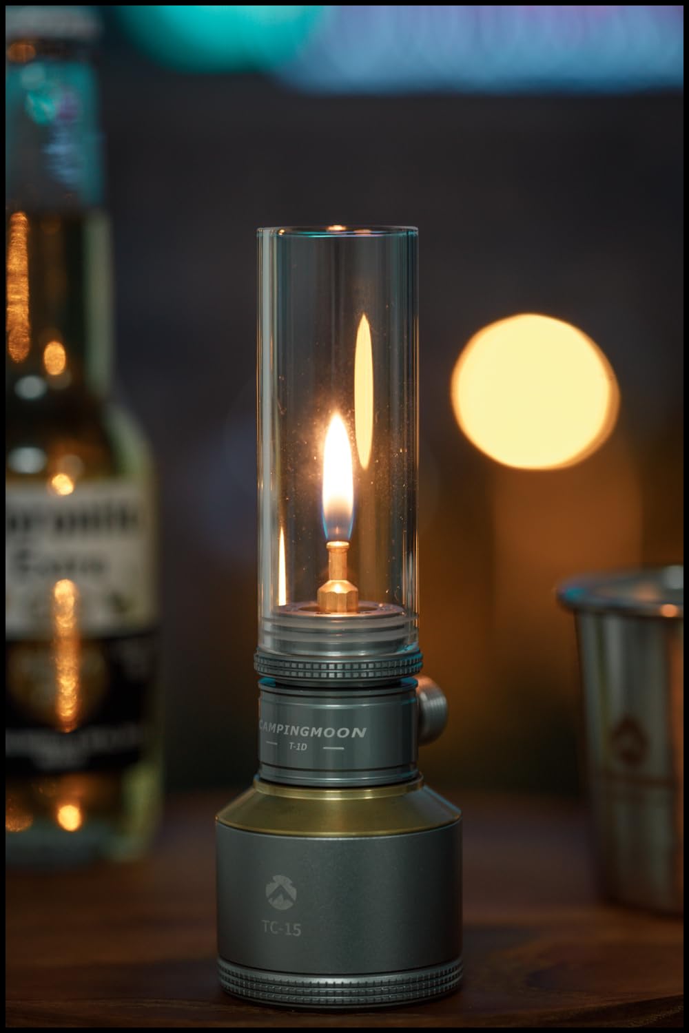Camping Moon gas lantern setup campsite aids easy outdoor ambiance.