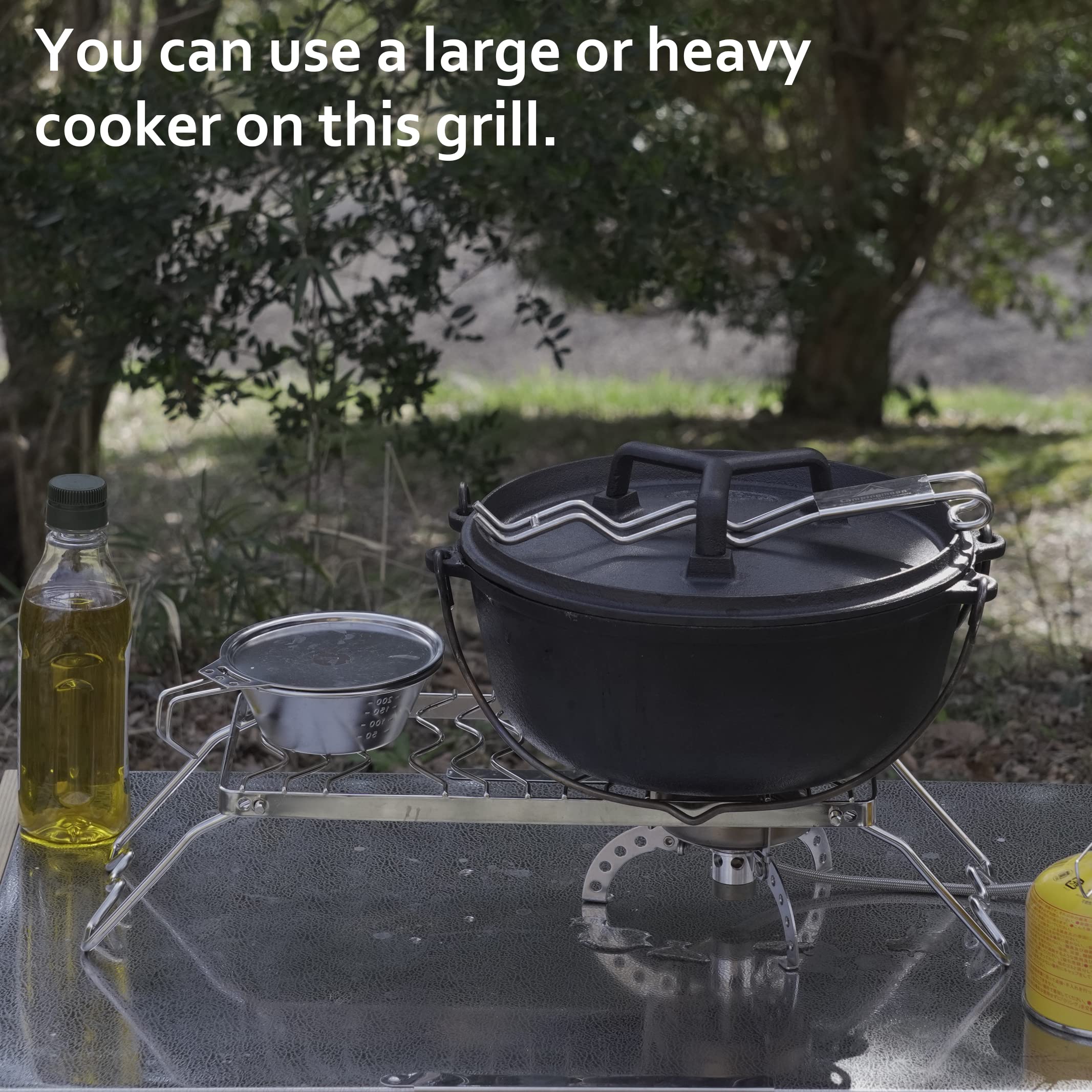 Camping Moon grill area and dimensions image illustrate ample space for pots and pans
