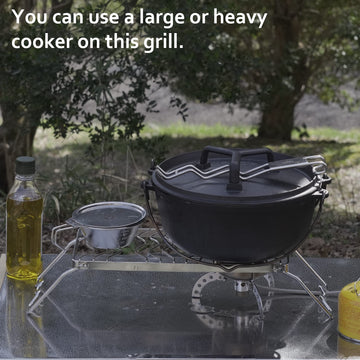Camping Moon grill area and dimensions image illustrate ample space for pots and pans