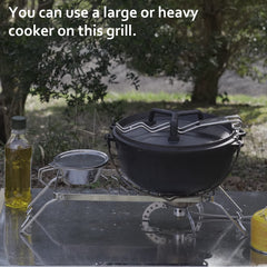 Camping Moon grill area and dimensions image illustrate ample space for pots and pans