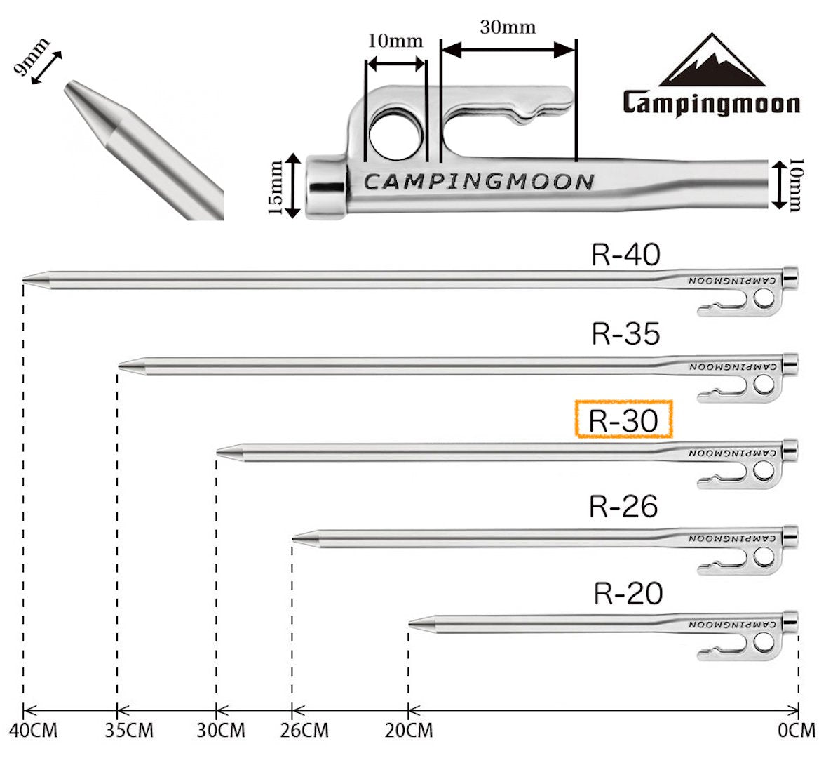Camping Moon hard-ground stake in martensitic steel for rugged campsite setups.
