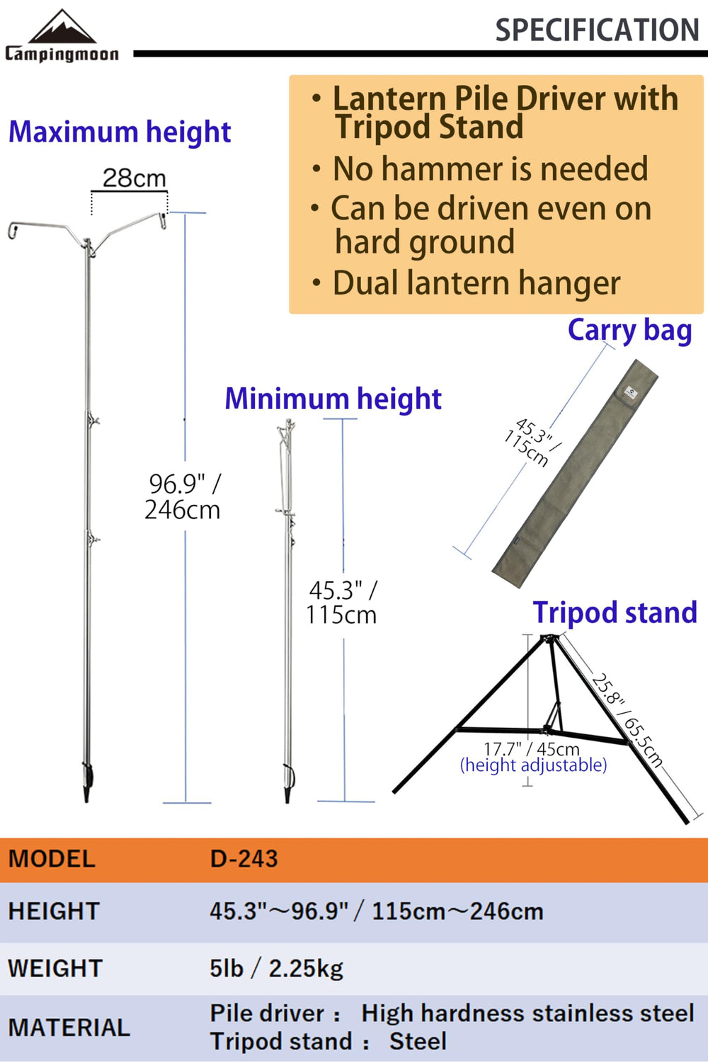 Camping Moon height adjustable lantern stand extends from 115 cm to 246 cm for versatile lighting.