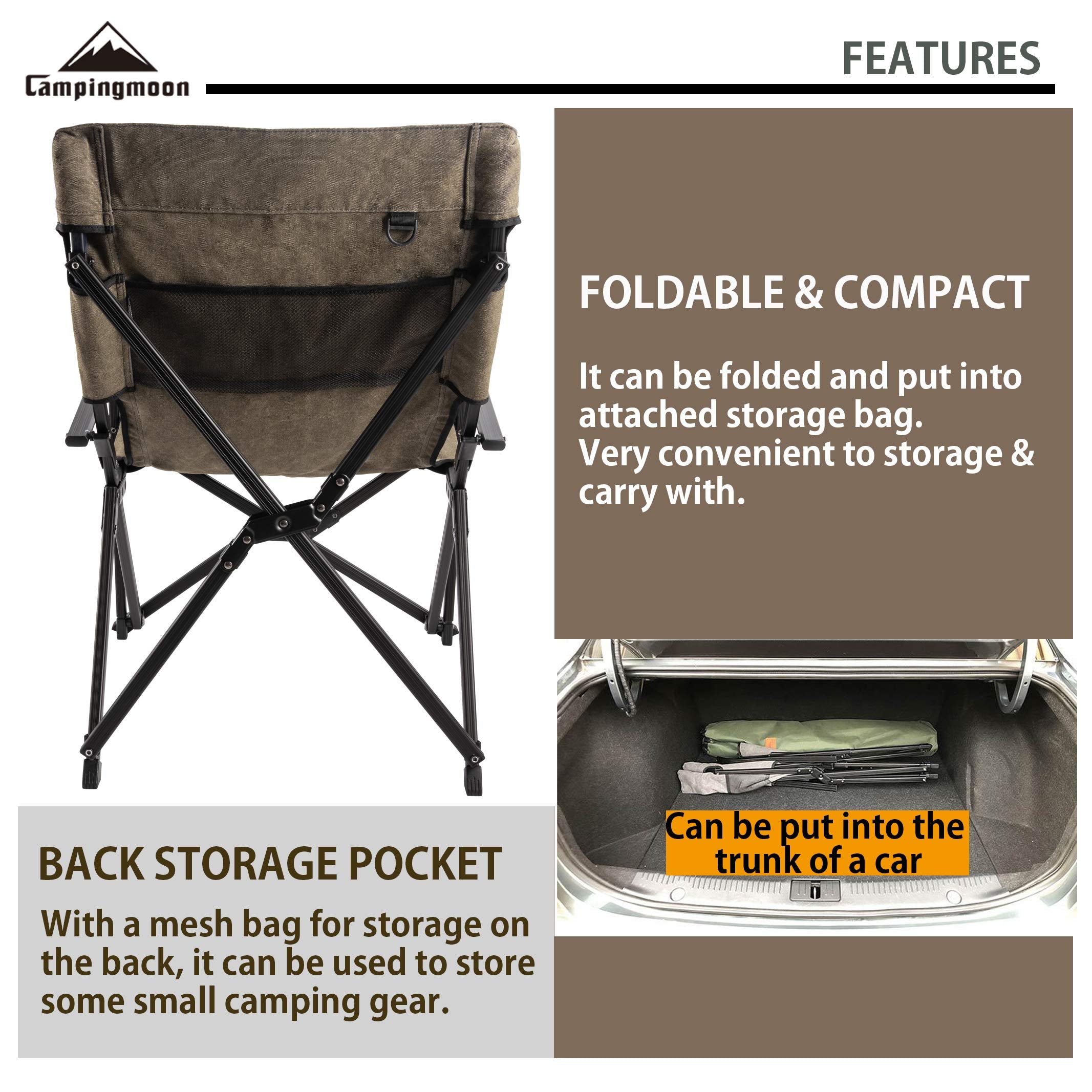 Camping Moon khaki outdoor chair ready to unfold for outdoor use.